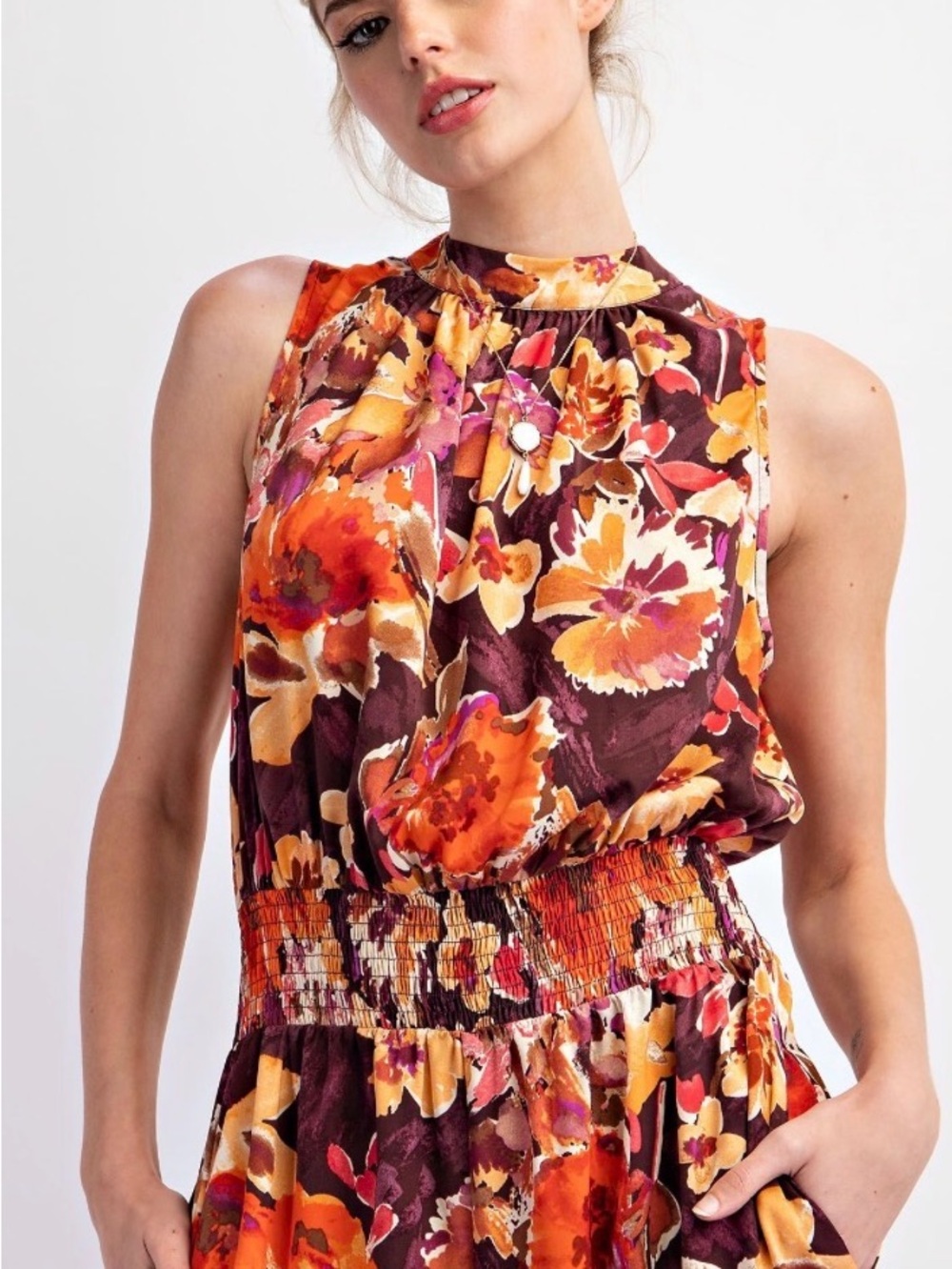 Easel Floral Brown and Orange Boho Wide Leg Jumpsuit - Picture 4 of 5